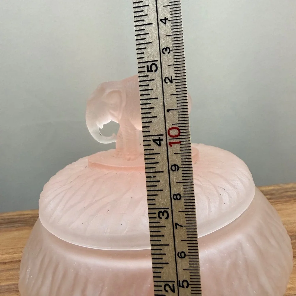 LE Smith Pink Frosted Satin Glass Elephant Finial Powder Jar Trinket Box Vintage